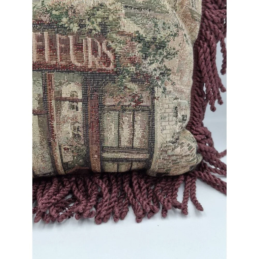 Vinatge 90s y2k Cafe De Fleurs Tapestry Throw Pillow With Burgundy Fringe